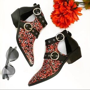 Rebecca Minkoff Kianna Cut Out Red Floral Double Buckle Ankle Boots